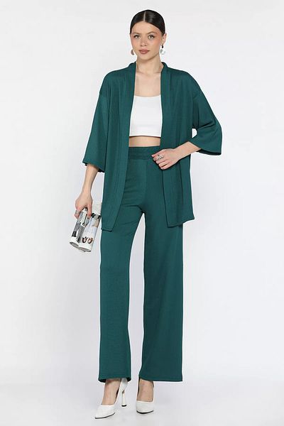 GÜLSELİ Emerald Green Women's Kimono Pants Double Set