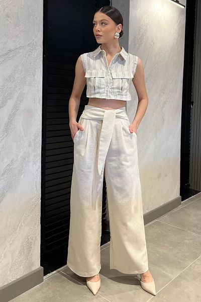 GÜLSELİ Stone Waist Tie Zippered Women's Linen Trousers