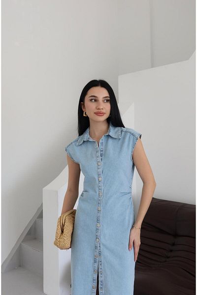 Ekim Store Rochie lungă din denim bleumarin cu bretele cu nasturi