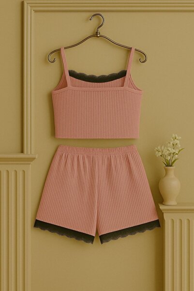Stail Moda Kadın Takım Pembe Kaşkorse Alt Ve Üst Dantel Detaylı Sxsy Takım Şortlu Gecelik Takımı2025