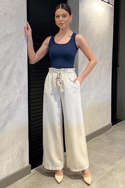 GÜLSELİ Stone Women's High Waist Straw Belt Detailed Palazzo Linen Trousers