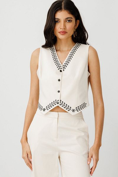 Mi Pret a Porter Mi Collar Embroidered Linen Vest