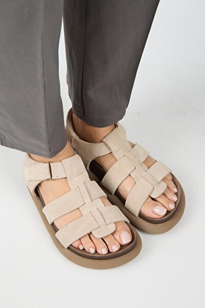 Manijero Capra Women's Genuine Leather Scarf Velcro Beige Sandals