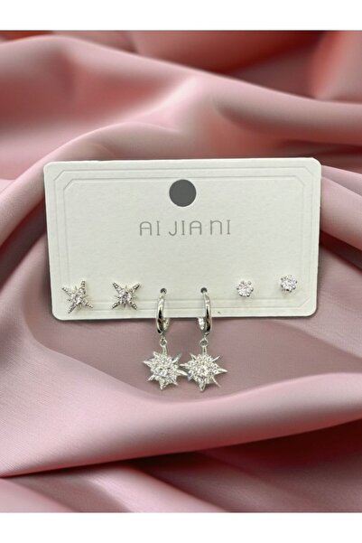 Calmea Jewellery Çelik Exclusive Star Renk Atmaz Garantli Faturalı Zirkon Taşlı Kadın 3lü Küpe