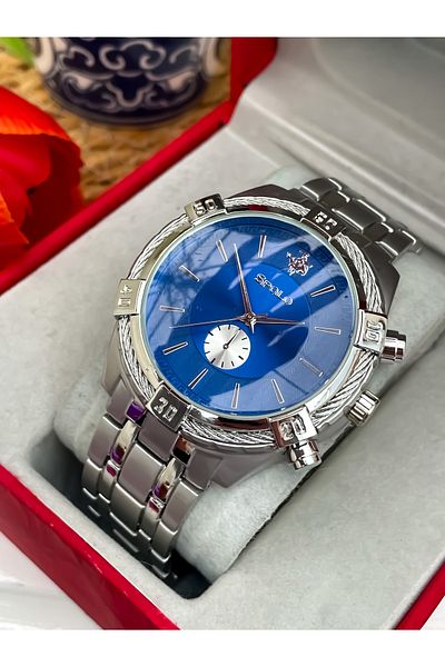 S.POLO Brand Silver Color Men's Navy Blue Dial Wrist Watch Bracelet with Gift