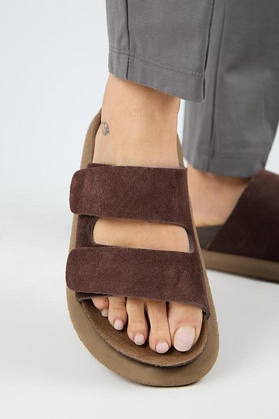 Manijero Lillo Women's Genuine Leather Double Velcro Light Brown Slippers