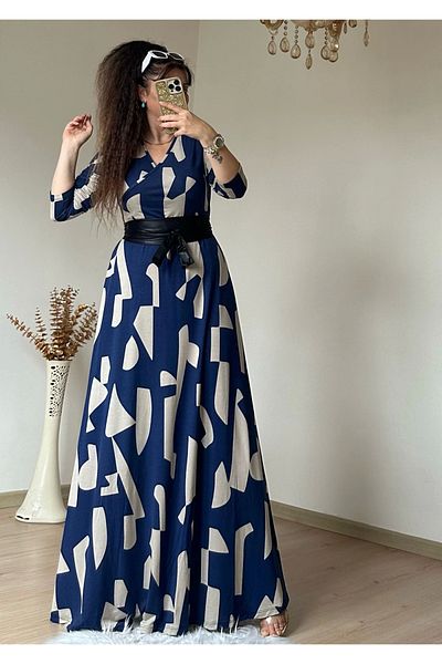 azra moda Full Length Navy Blue Geometric