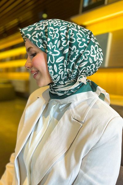 Sultan Eşarp Φουλάρι Sultan Fresh Cotton - Απλό μοτίβο λουλουδιών - SFE002-07 - Πράσινο, Κρεμ