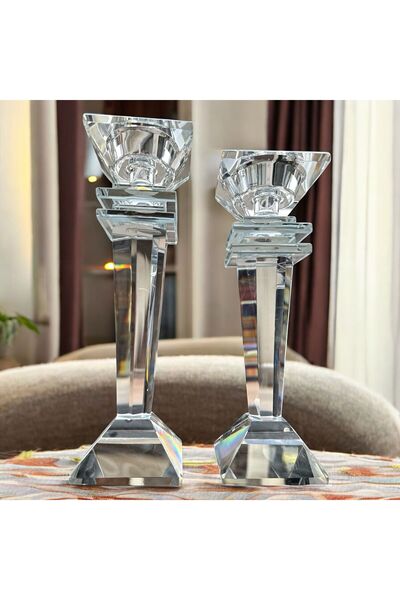 Peramari Dekoratif Kristal Cam İkili Baba Şamdan Şeffaf