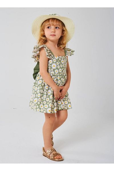 Pinkitokids Daisy Printed Girl's Dress-(Hat Included)-Green