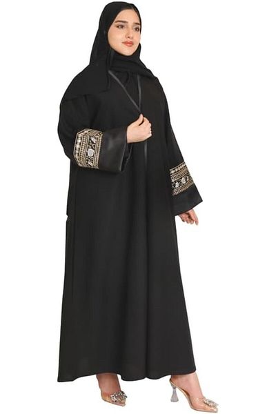 HAWRAA Black Wrap Abaya with Vibrant Sleeve Embroidery