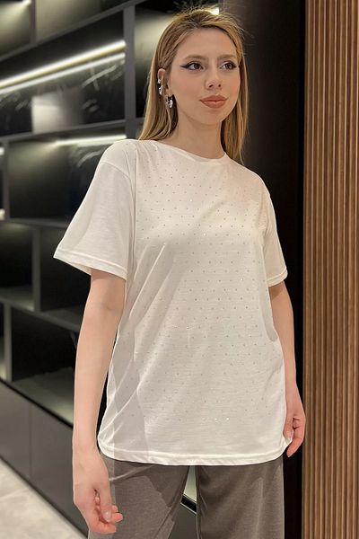 GÜLSELİ Γυναικείο T-Shirt Cream Crew Neck με μπροστινή πέτρα