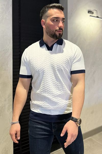 MİSHAR İTALİA Tricou alb cu guler polo pentru bărbați