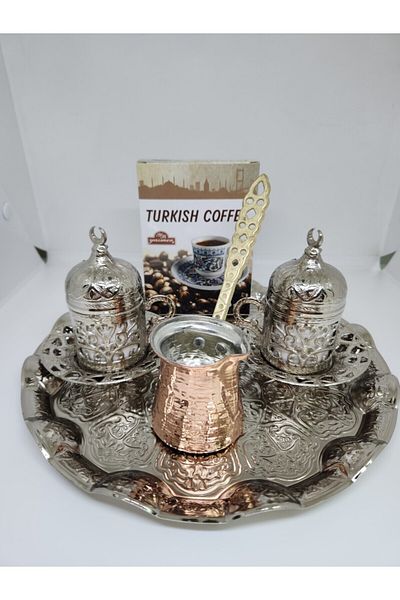 Carlito Coffee Set with Round Tray and Copper Coffee Pot (Silver)