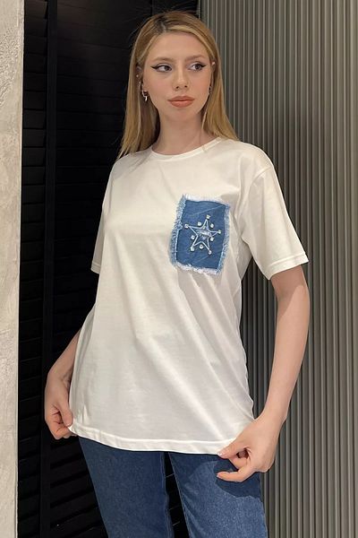 GÜLSELİ Γυναικείο T-Shirt Cream Denim Garnished Stone