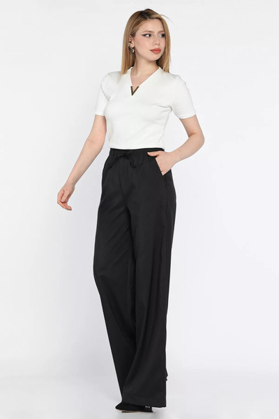 GÜLSELİ Black Elastic Waist Lace up Wide Leg Women's Trousers