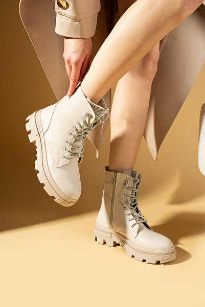 Pembe Potin Women's Cream Beige Poly Sole Stone Laced Daily Comfortable Molded Warm Lined Boots