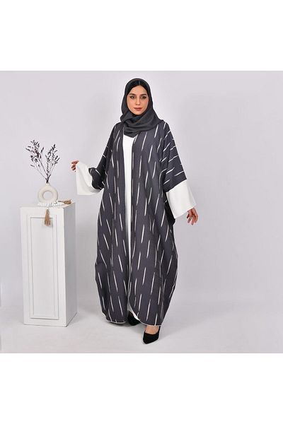 HAWRAA Abaya Gray with White Stripes and White Dress