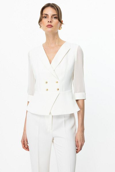 Ekol Double Breasted Collar Sleeves Tulle Jacket