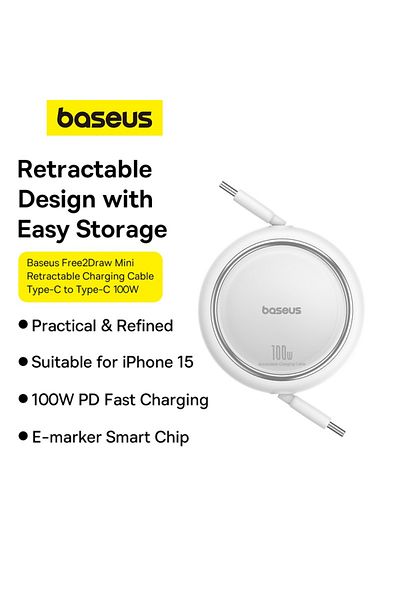 Baseus Baseus 100W Free2 Draw Mini Both-Way Retractable USB-C to USB-C Fast Charging Data Cable 1M - White