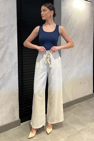 GÜLSELİ Stone Women's High Waist Straw Belt Detailed Palazzo Linen Trousers