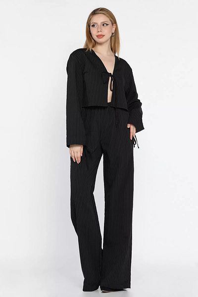 GÜLSELİ Black Women's Stripe Patterned Front Tie Blouse Trousers Set of Two