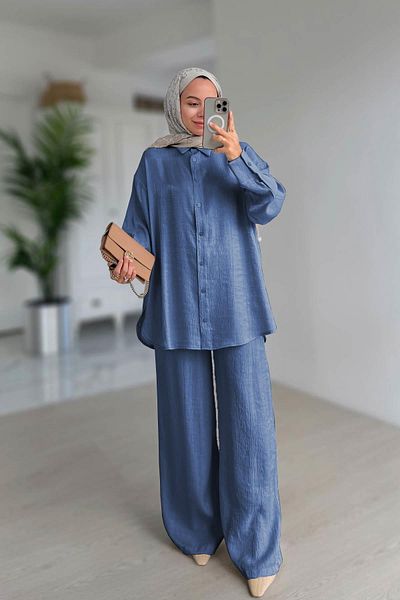 Ka Hijab Shiny Textured Loose Cut Double Suit - Navy Blue