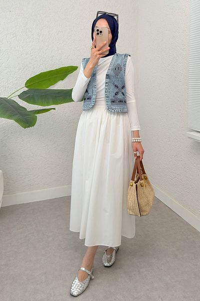 Salih Çelebi Embroidered Denim Vest 92030 - Blue