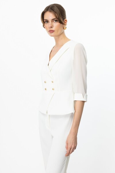 Ekol Double Breasted Collar Sleeves Tulle Jacket