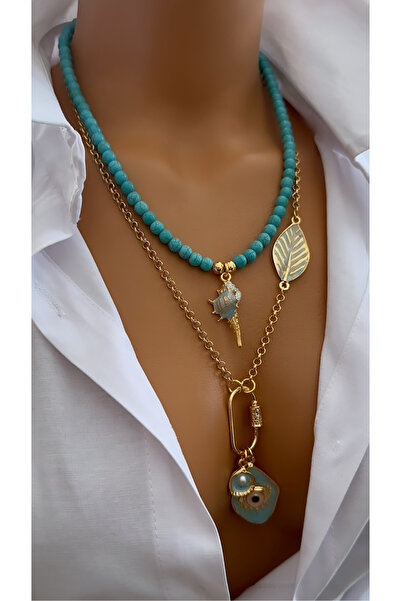 Nevaa Still Turkuaz doğaltaş altın kaplama zincir yaprak uç tasarım çoklu kolye