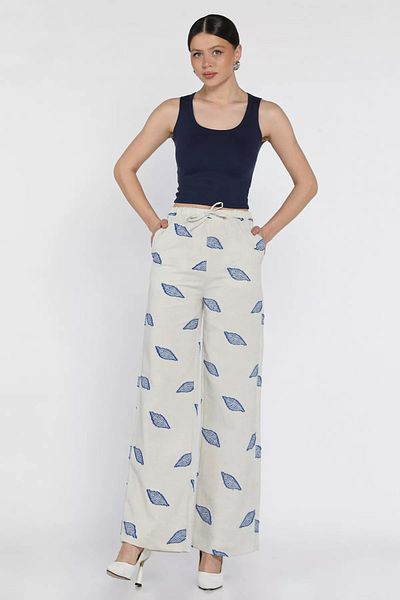 GÜLSELİ Stone Blue Women's Elastic Waist Embroidered High Waist Linen Trousers