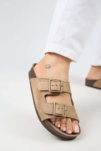 Manijero Vegan Violeta Women's Vegan Leather Vegan Leather Double Buckle Beige Slippers