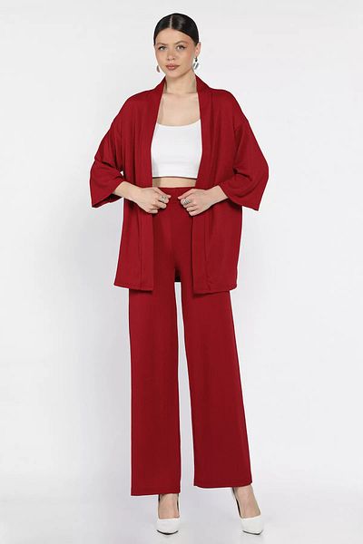 GÜLSELİ Claret Red Women's Kimono Pants Double Set