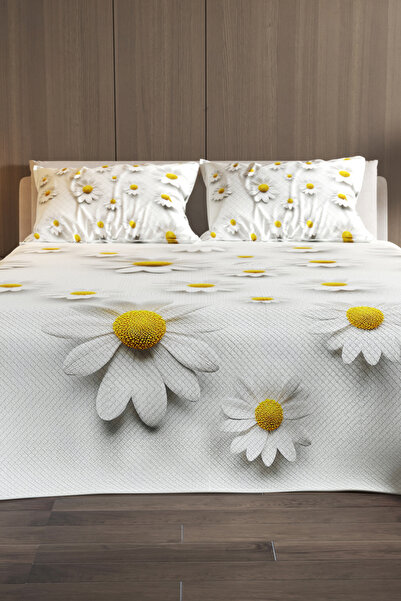 MonoHome %100 Pamuk Çift Kişilik Pike Takımı Yatak Örtüsü Özel Dokuma Papatya
