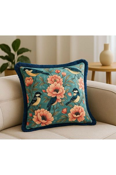 Karam Home Turquoise Bird Throw Pillow Cover with Tassels