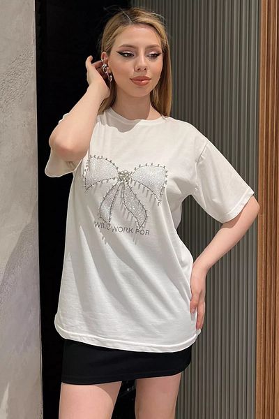 GÜLSELİ Γυναικείο T-Shirt Cream Ribbon Stoned Crew Neck