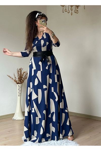 azra moda Full Length Navy Blue Geometric