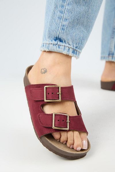 Manijero Vegan Violeta Women's Vegan Leather Vegan Leather Double Buckle Claret Red Slippers