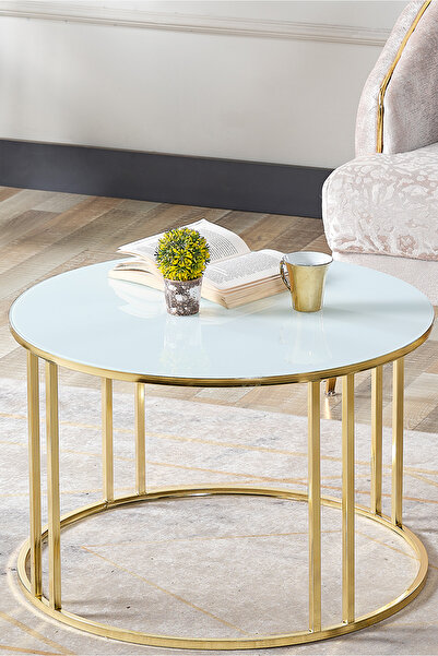 SEDAŞ LIVING UNITS Salon Orta Temperli BEYAZ (Kırılmaz) Cam (GOLD) Metal Ayak...