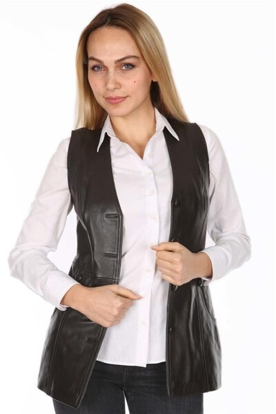 DeriWork Hakiki Kuzu Derisi Düğmeli Kadın Yelek Siyah