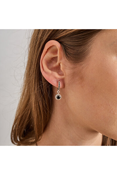 GOWA DESIGN 925 Ayar Gümüş Siyah Obsidyen Görünümlü ve Zirkon Taşlı Sallantılı Küpe