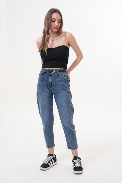 Flame İstanbul Butik Джинси з поясом і складками на передній частині, сині, довжиною до щиколотки - RMS559