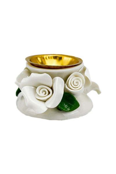 Generic Decorative Porcelain Incense Holder Bowl with White Rose Design, Gold Interior