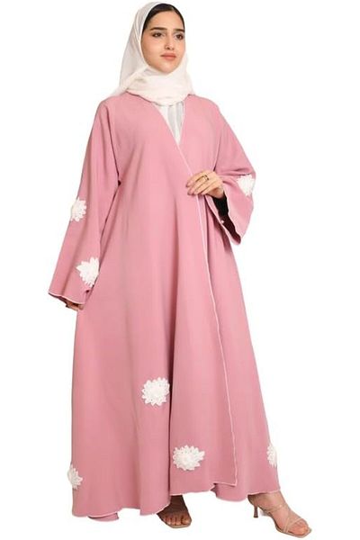 HAWRAA Pink Flared Abaya with Wide Sleeves and White Lace Flowers