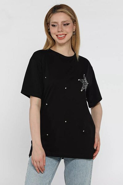 GÜLSELİ Tricou de damă Black Star Stone cu gât crew