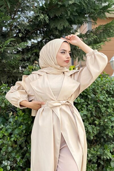 Byali Belden Bağlamalı Krem Balon Kol Trenç