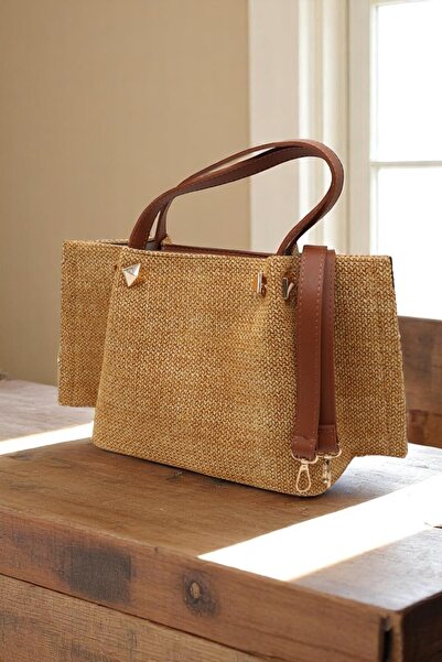 Aksesuar Trend Straw Bag - Hand and Shoulder Bag, Knitted Detail