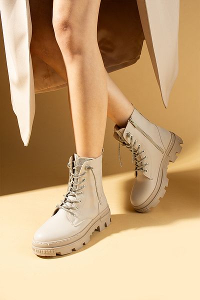 Pembe Potin Women's Cream Beige Poly Sole Stone Laced Daily Comfortable Molded Warm Lined Boots
