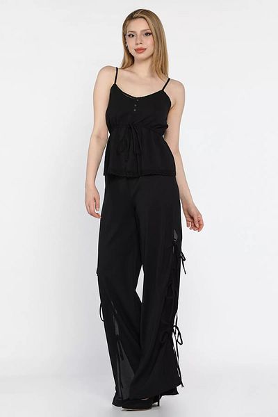GÜLSELİ Black Rope Strap Waist Elastic Blouse Trousers Double Set