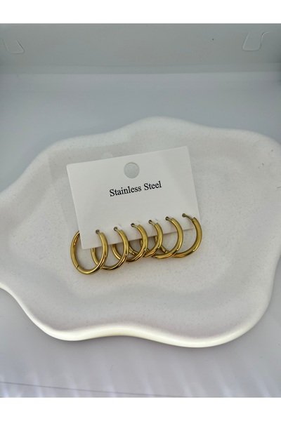 Fam&Co Jewelry Set of 3 Stainless Steel Gold Color Hoop Earrings -Water Resistant